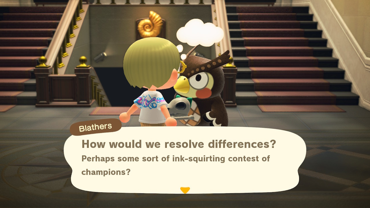 Blathers the museum owl pondering an ink-squirting contest of champions