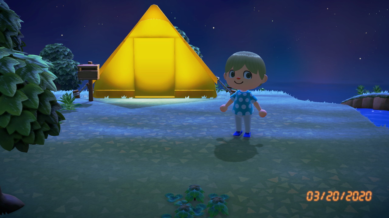 my character is near a tent, and the date "3/20/2020" is superimposed in the corner like an old 35mm camera