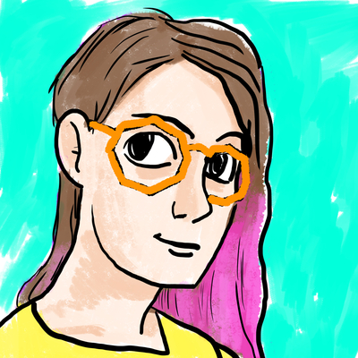 drawing of a person with brown hair rading to pink, wearing orange-rimmed glasses