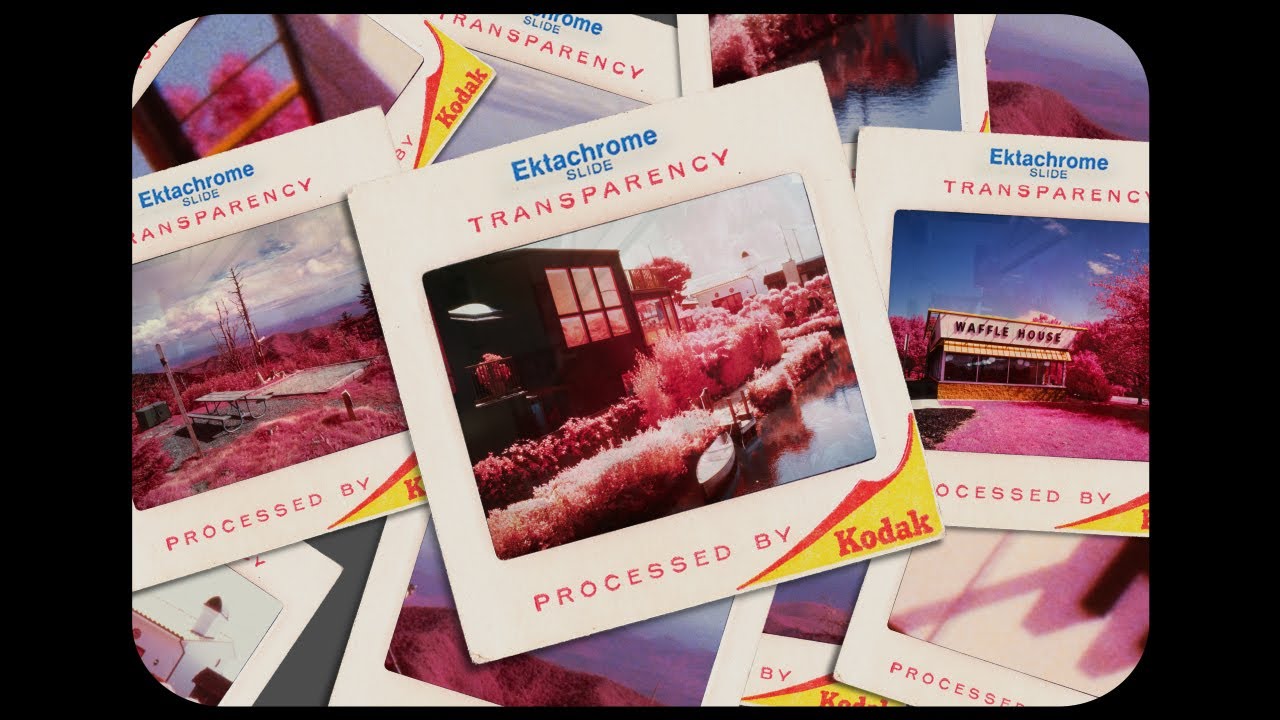 a chaotic smattering of Kodak Ektachrome slides showing Aerochrome-style pictures of a canoe at a dock beneath a rectangular building, a Waffle House, and others