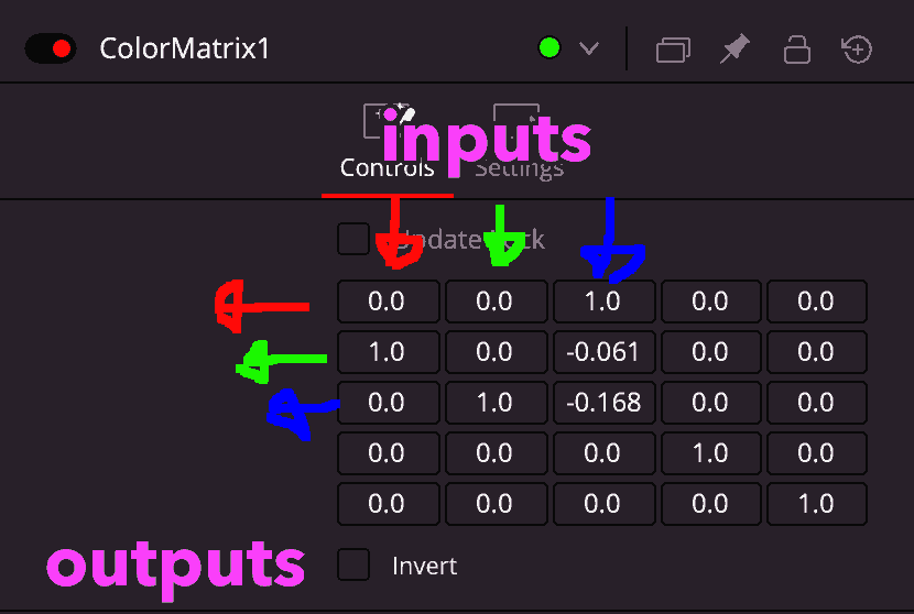 DaVinci Resolve Color Matrix mapping RGB columns from input to rows on output